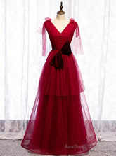 Burgundy Tulle V-neck Pleats Long Prom Dress With Bow